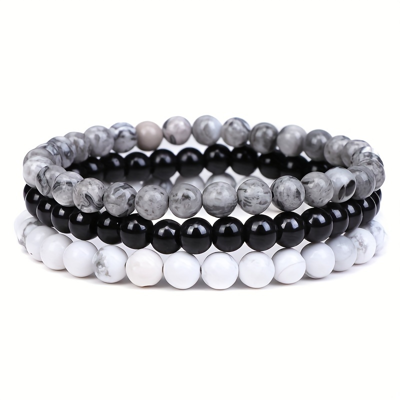 Men's & Women's 6mm Natural Stone Beads Bangle Bracelet Set